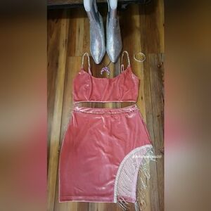 Elegant Pink Skirt and Top Set with Fringe Detail